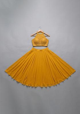 Girls Yellow Sequin Embellished Blouse Georgette Lehenga Set