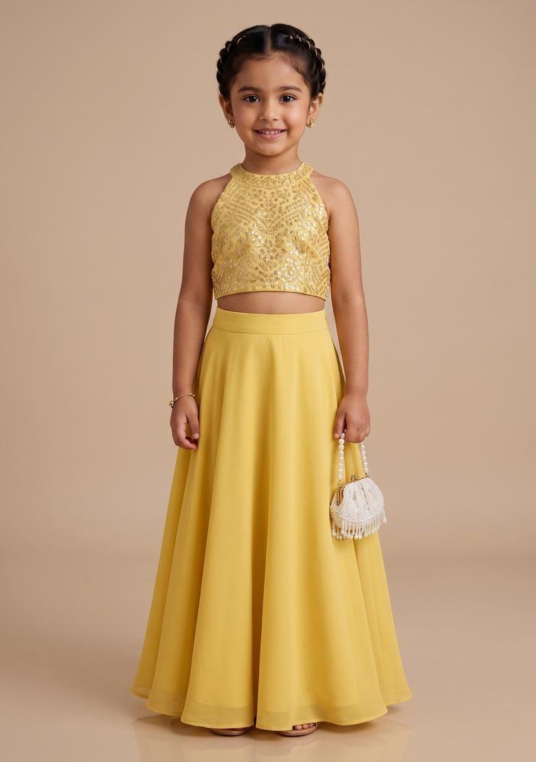 Girls Yellow Sequin Embellished Blouse Georgette Lehenga Set - Indya