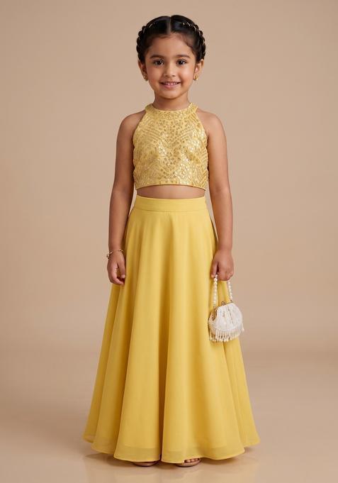 Girls Yellow Sequin Embellished Blouse Georgette Lehenga Set