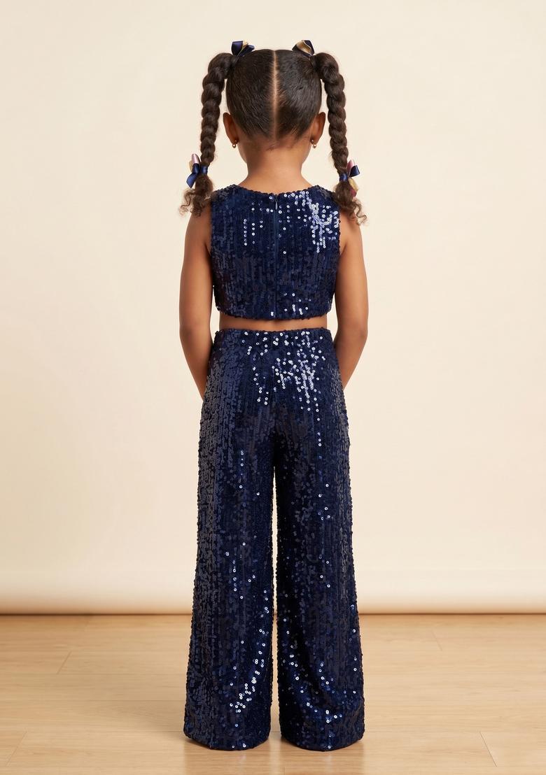 Girls Dark Blue Sequin Net Fusion Set - Indya