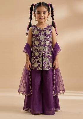Girls Wine Purple Floral Print Crepe Fusion Set