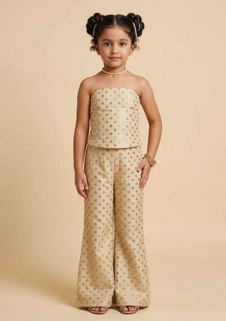 Girls Champagne Gold Mirror Booti Silk Fusion Set - Indya