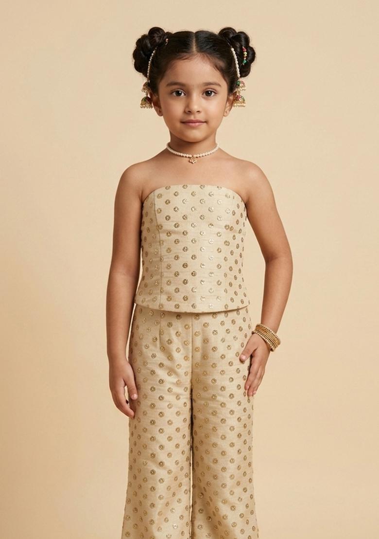 Girls Champagne Gold Mirror Booti Silk Fusion Set - Indya