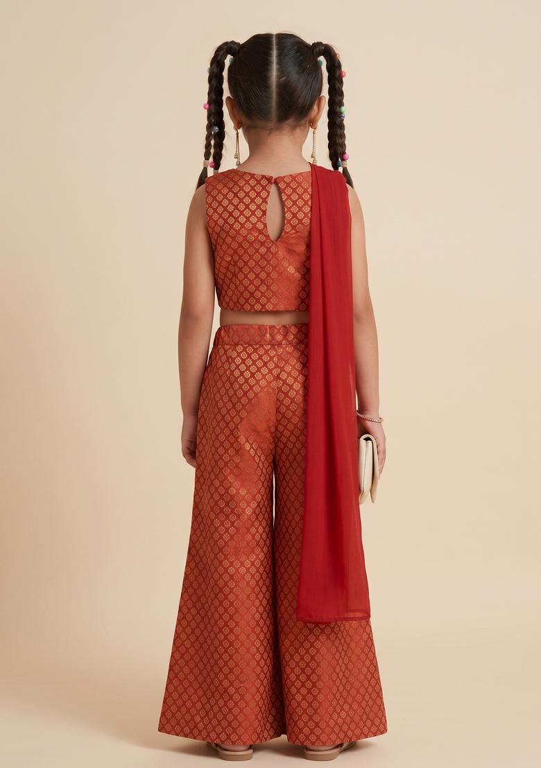 Girls Copper Red Brocade Fusion Set - Indya
