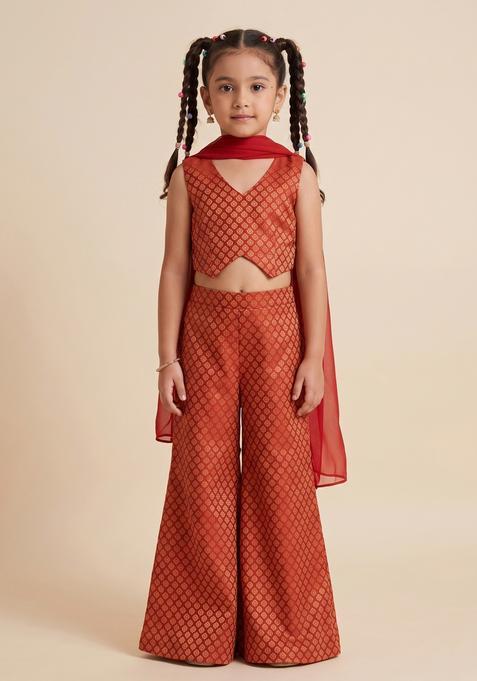 Girls Copper Red Brocade Fusion Set