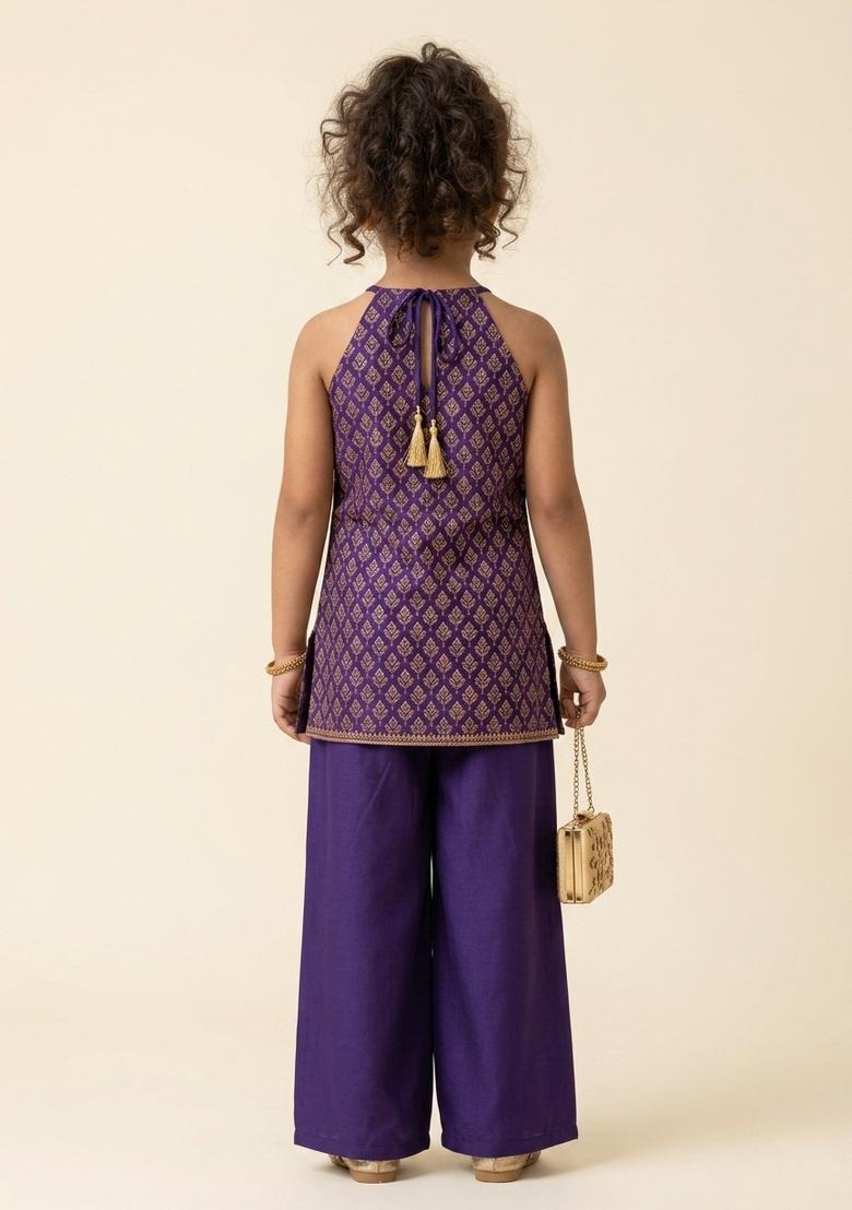 Girls Royal Purple Jacquard Brocade Straight Kurta Set - Indya