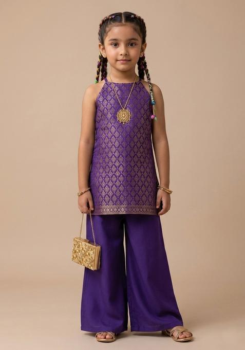 Girls Royal Purple Jacquard Brocade Straight Kurta Set