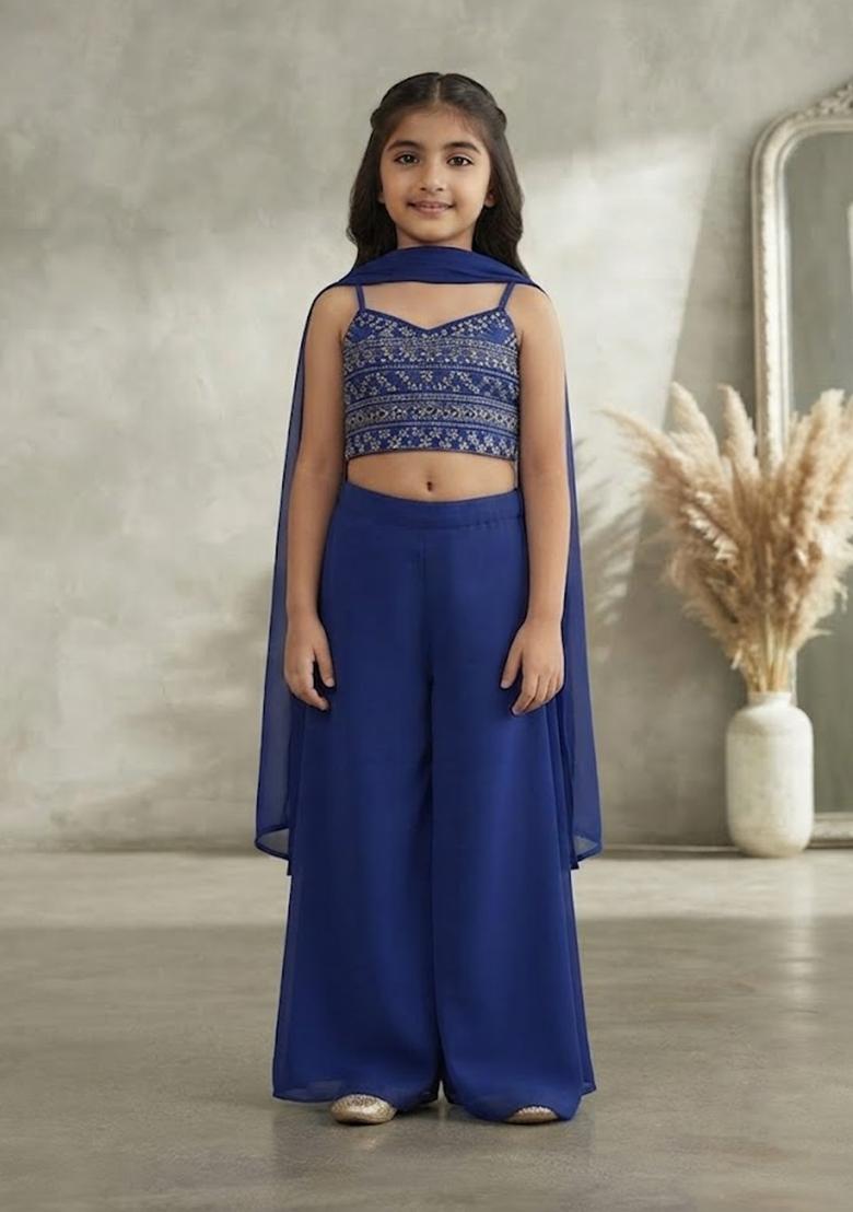 Girls Deep Blue Mirror Work Georgette Fusion Set - Indya