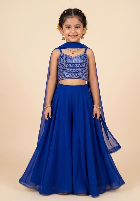 Girls Deep Blue Mirror Work Georgette Fusion Set