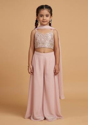 Girls Soft Pink Mirror Work Georgette Fusion Set