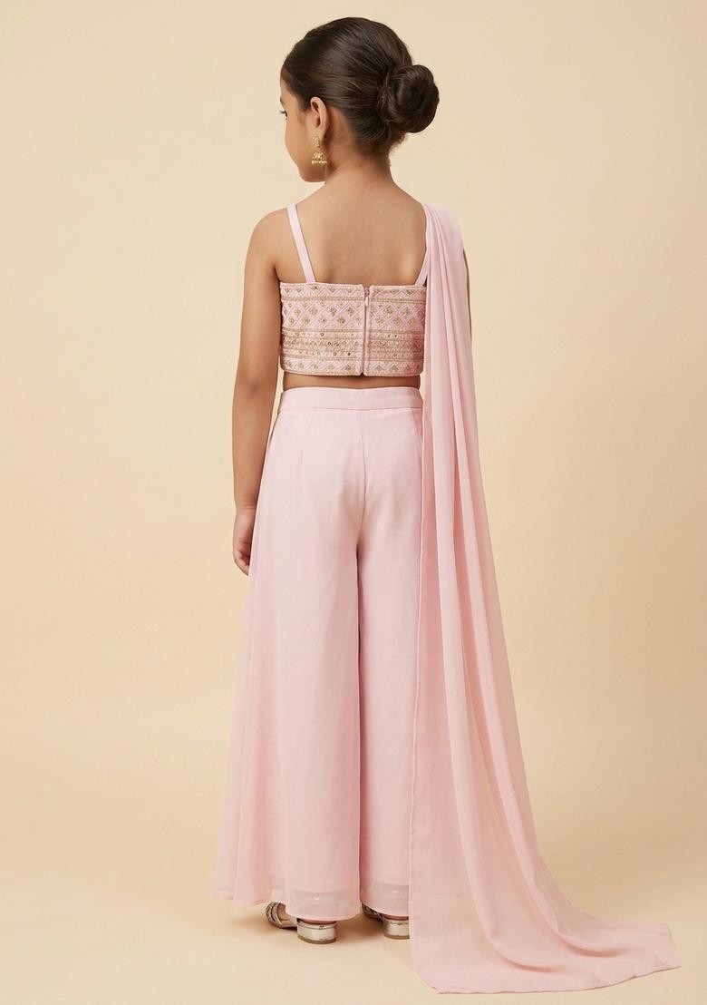 Girls Soft Pink Mirror Work Georgette Fusion Set - Indya