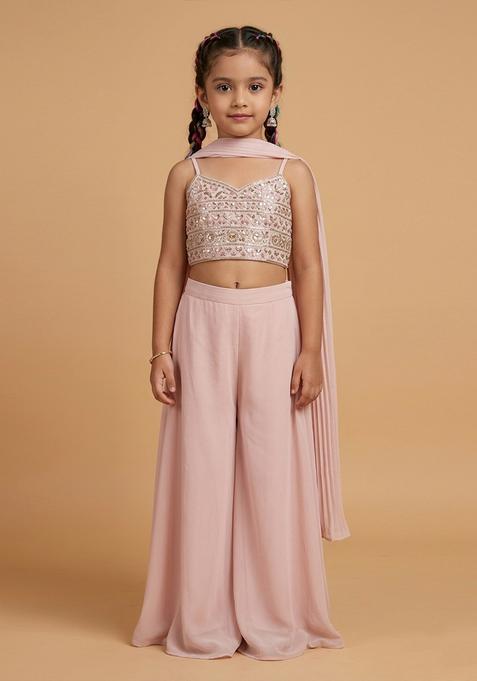 Girls Soft Pink Mirror Work Georgette Fusion Set