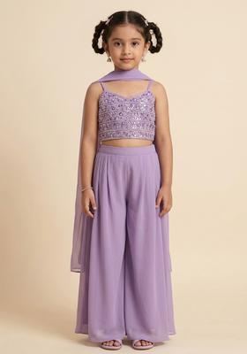 Girls Lavender Mirror Work Georgette Fusion Set