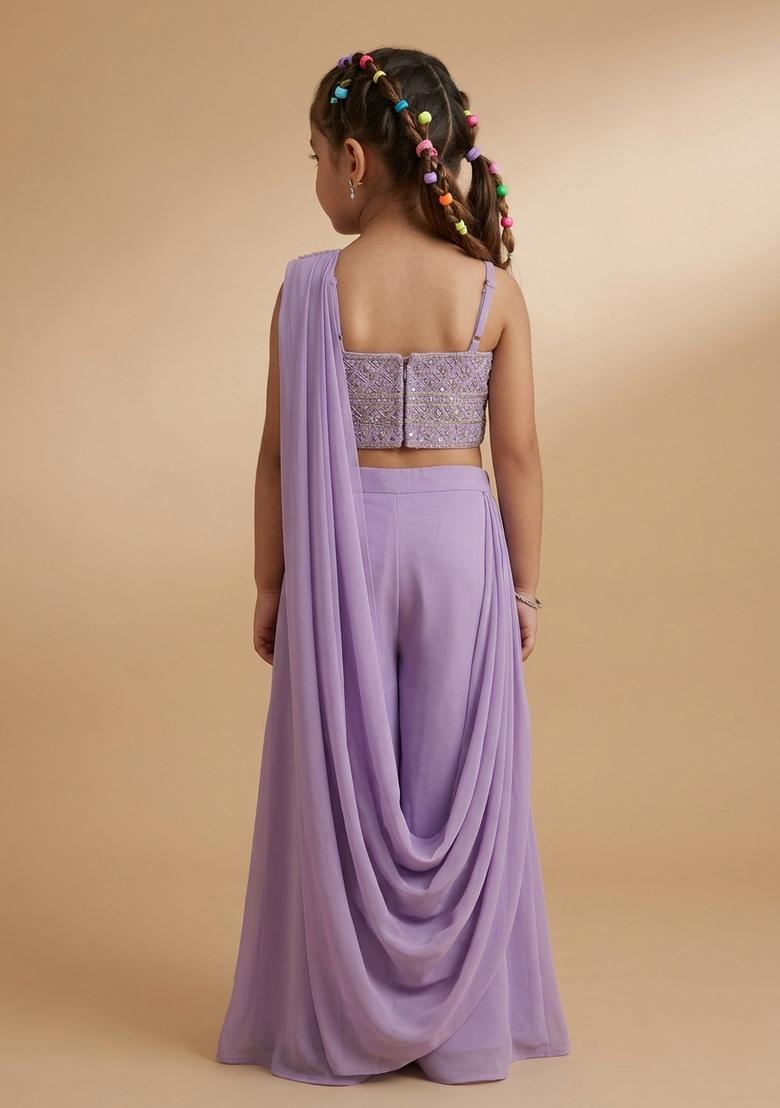 Girls Lavender Mirror Work Georgette Fusion Set - Indya
