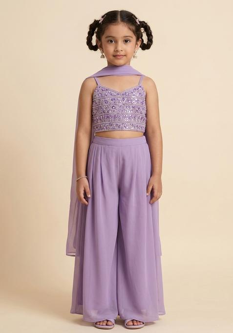 Girls Lavender Mirror Work Georgette Fusion Set