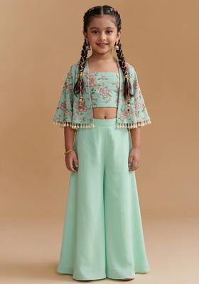 Girls Mint Green Floral Print Organza Fusion Set