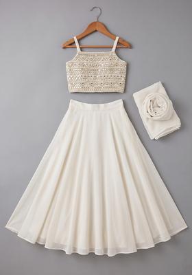Girls White Sequin Georgette Lehenga Set