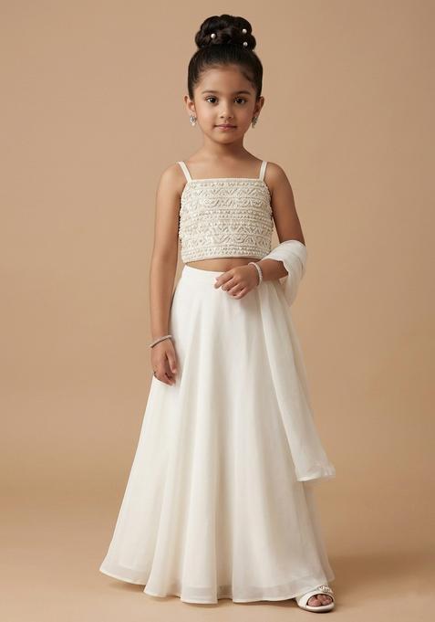 Girls White Sequin Georgette Lehenga Set