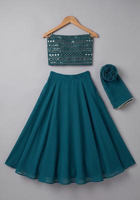 Girls Teal Blue Sequin Georgette Lehenga Set
