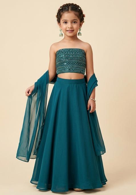 Girls Teal Blue Sequin Georgette Lehenga Set