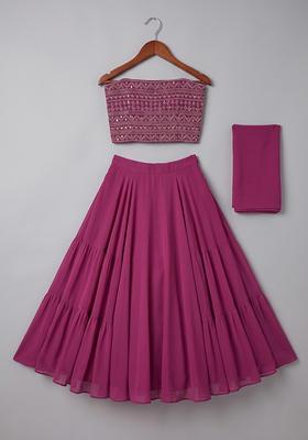 Girls Magenta Sequin Georgette Lehenga Set