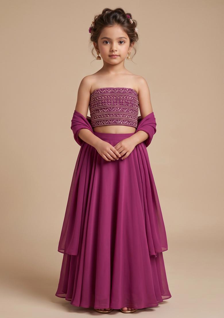 Girls Magenta Sequin Georgette Lehenga Set - Indya
