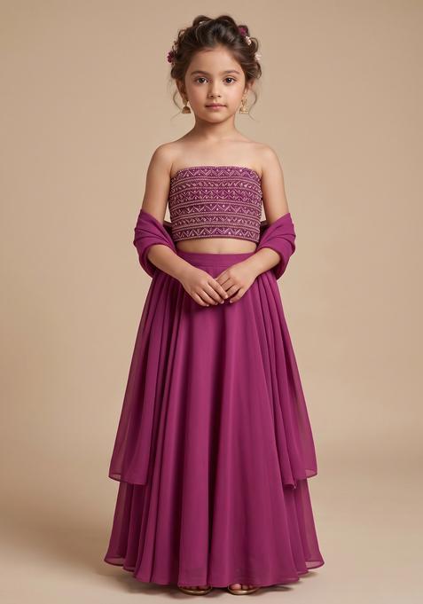 Girls Magenta Sequin Georgette Lehenga Set