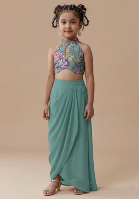 Girls Ice Blue Embroidered Chinon Fusion Set