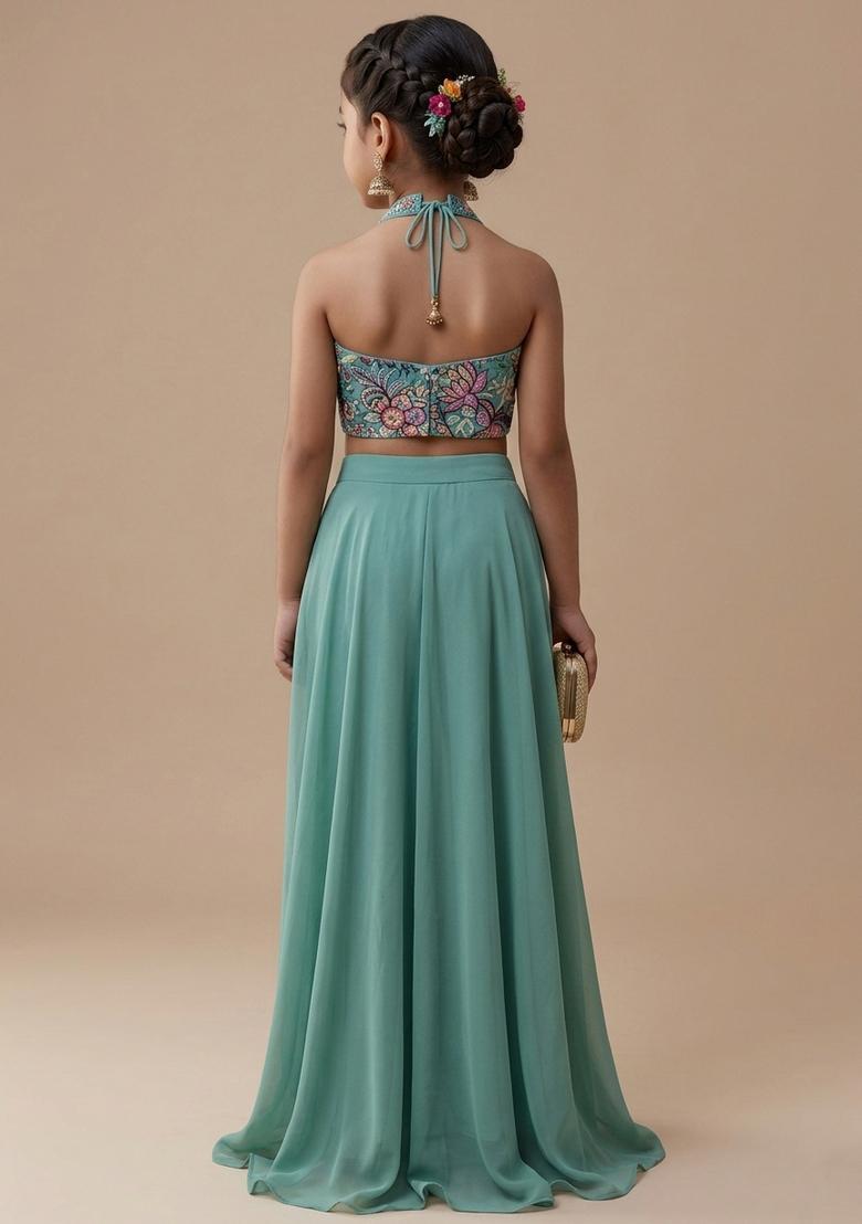 Girls Ice Blue Embroidered Chinon Fusion Set - Indya
