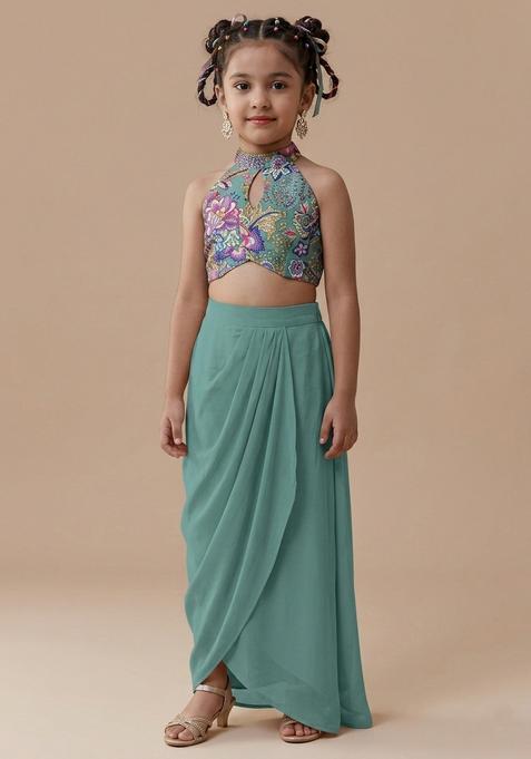 Girls Ice Blue Embroidered Chinon Fusion Set