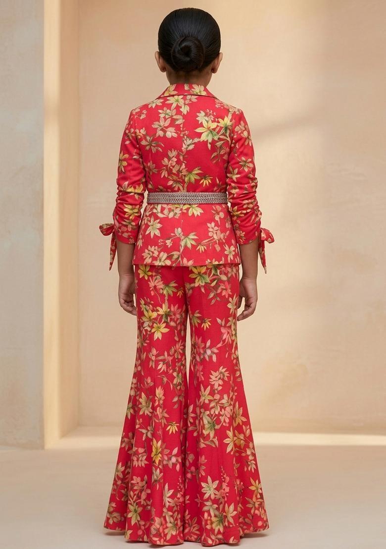 Girls Red Floral Print Georgette Fusion Set - Indya
