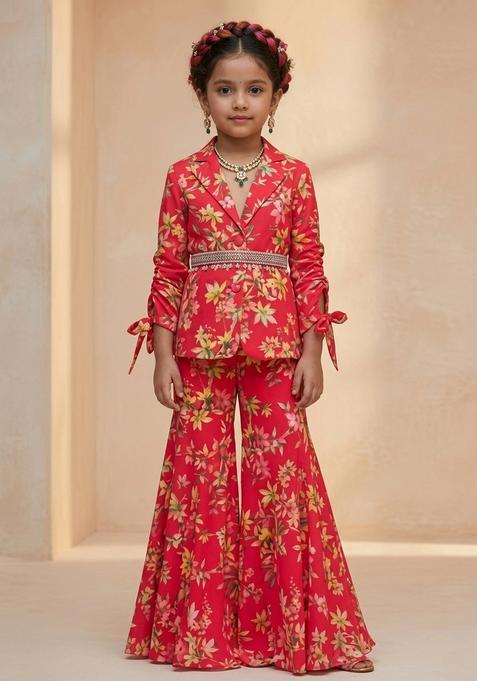 Girls Red Floral Print Georgette Fusion Set