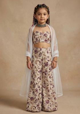 Girls Cream Floral Print Crepe Fusion Set