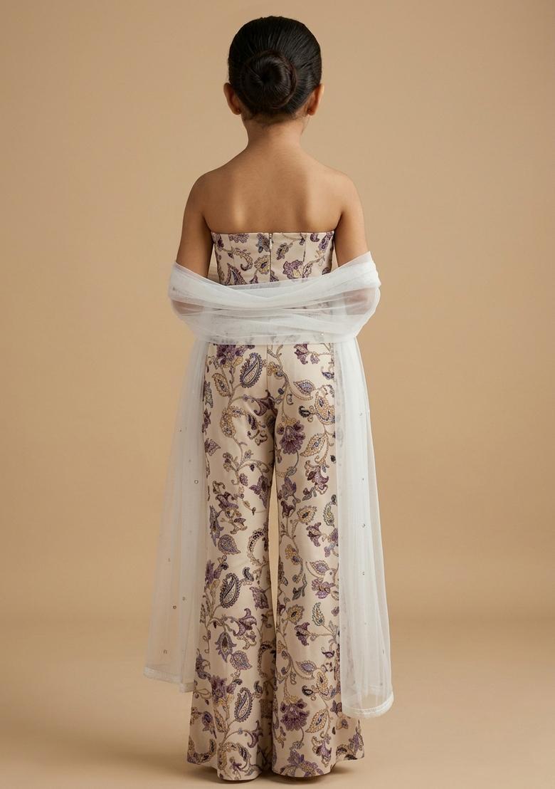 Girls Cream Floral Print Crepe Fusion Set - Indya