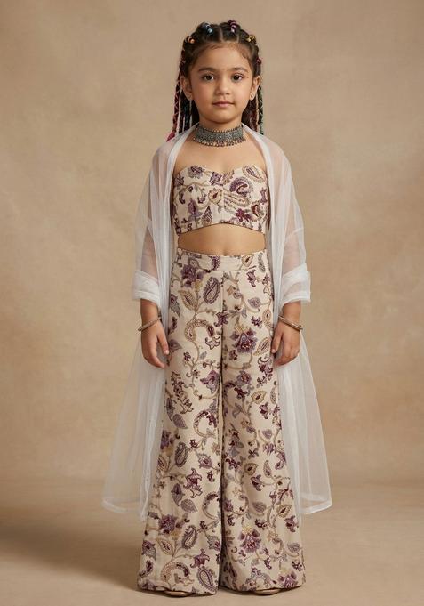 Girls Cream Floral Print Crepe Fusion Set