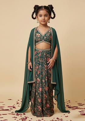 Girls Deep Green Floral Print Silk Fusion Set