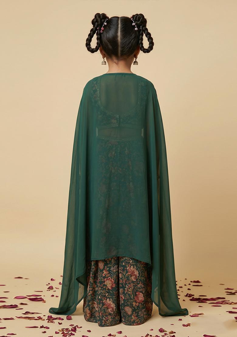 Girls Deep Green Floral Print Silk Fusion Set - Indya