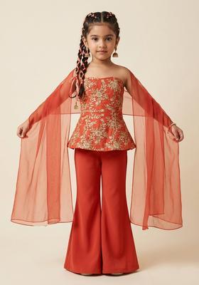 Girls Deep Red Embroidered Crepe Fusion Set