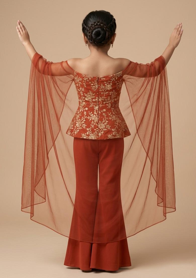 Girls Deep Red Embroidered Crepe Fusion Set - Indya
