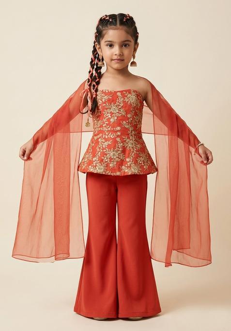 Girls Deep Red Embroidered Crepe Fusion Set