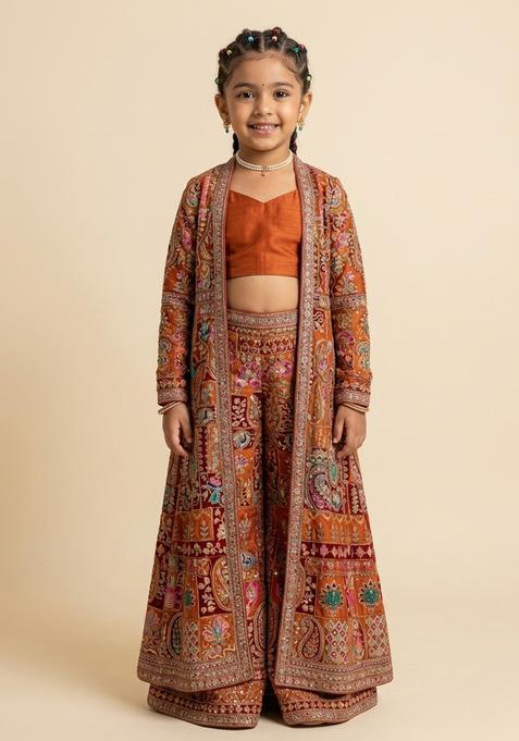 Girls Rust Embroidered Crepe Fusion Set