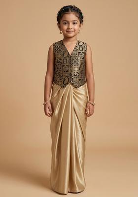 Girls Sand Beige Printed Jacquard Fusion set