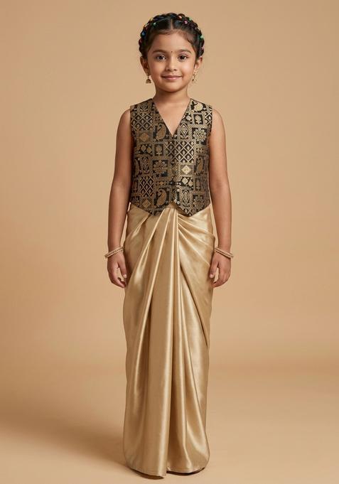 Girls Sand Beige Printed Jacquard Fusion set