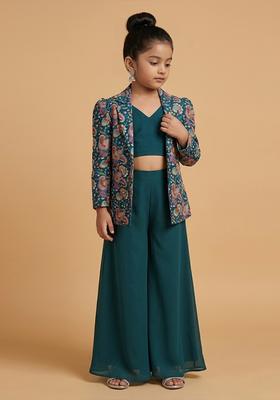 Girls Teal Blue Printed Crepe Fusion Set