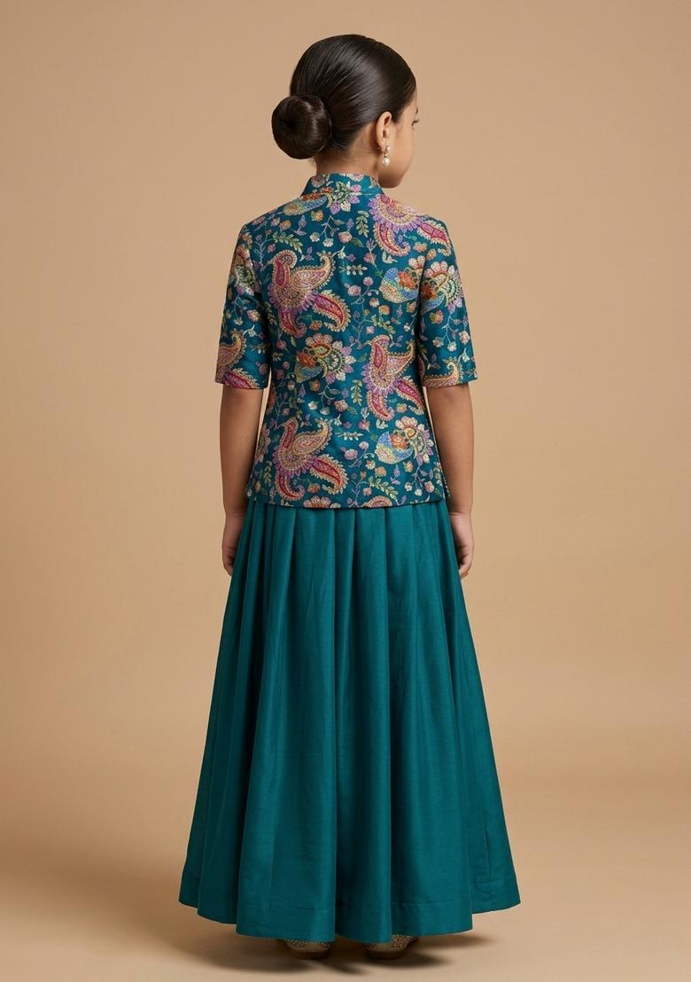 Girls Teal Blue Printed Crepe Fusion Set - Indya