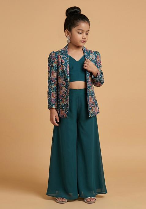 Girls Teal Blue Printed Crepe Fusion Set
