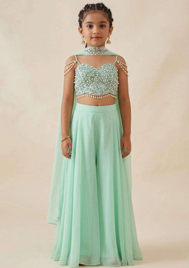 Girls Mint Green Chinon Handwork Fusion Set - Indya