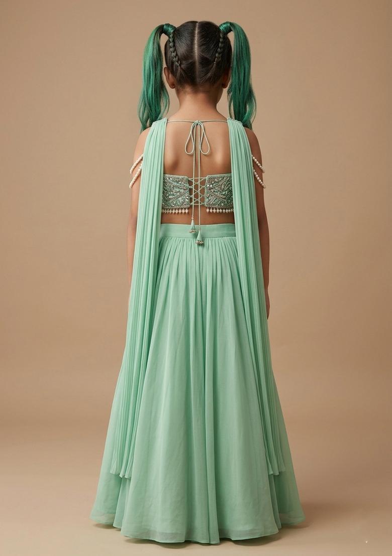Girls Mint Green Chinon Handwork Fusion Set - Indya