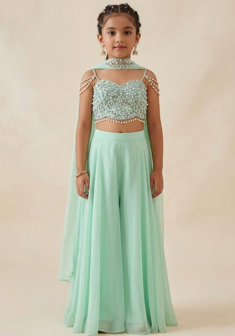 Girls Mint Green Chinon Handwork Fusion Set