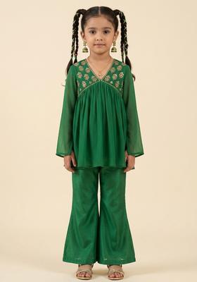 Girls Bottle Green Crepe Handwork Fusion Set